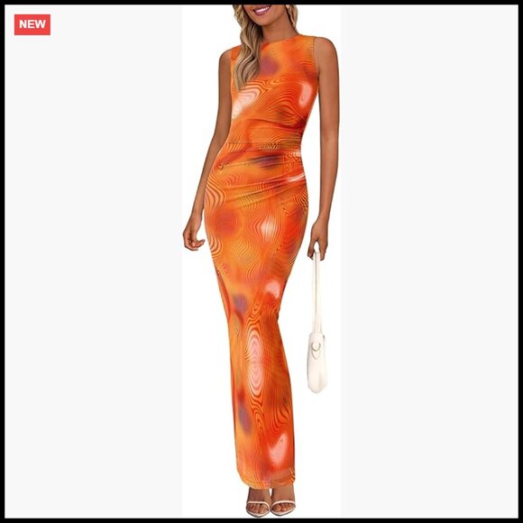 Mesh Sleeveless Bodycon Maxi Dress Ruched Floral Print Wedding Guest Elegant